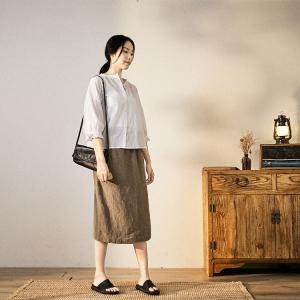 Casual Style Linen Pencil Skirt Elastic Waist Khaki Skirt