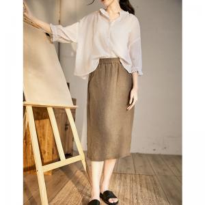 Casual Style Linen Pencil Skirt Elastic Waist Khaki Skirt