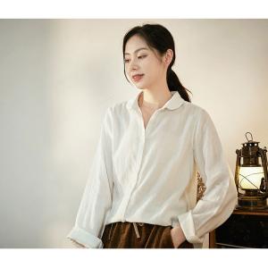 OL Style Long Sleeve White Shirt Loose Cotton Blouse for Women