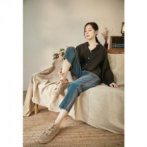 Lace Crochet Collar Linen Shirt Ruffle Sleeves Reversible Flax Clothing