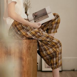 Baggy-Fit Yellow Tartan Pants Linen Casual Cropped Pants