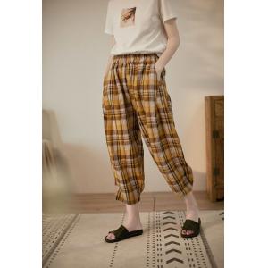 Baggy-Fit Yellow Tartan Pants Linen Casual Cropped Pants