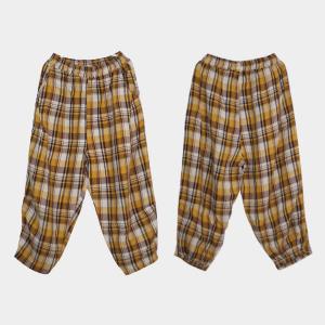 Baggy-Fit Yellow Tartan Pants Linen Casual Cropped Pants