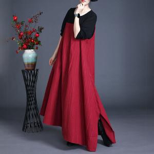 Contrast Color Cotton Linen Korean Dress Elegant Long Dress with Slit