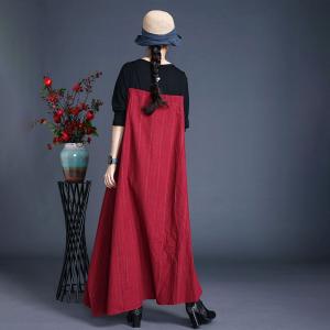Contrast Color Cotton Linen Korean Dress Elegant Long Dress with Slit