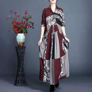 Japanese Fashion Printed Front Knot Dress Maxi Wool Kimono Dress