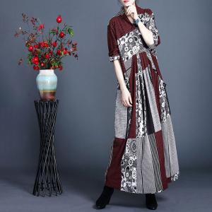 Japanese Fashion Printed Front Knot Dress Maxi Wool Kimono Dress