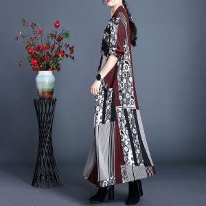 Japanese Fashion Printed Front Knot Dress Maxi Wool Kimono Dress