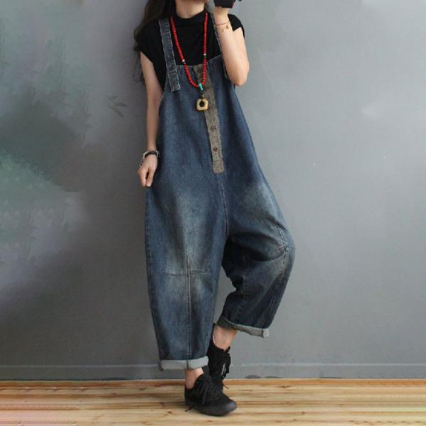 Gingham Patchwork Denim Bib Overalls Womens Blackless Cuffed Dungarees