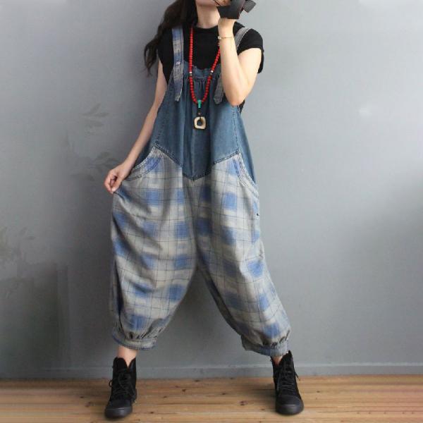 Fall Style Backless Tartan Overalls Relax-Fit Denim Bib Overalls