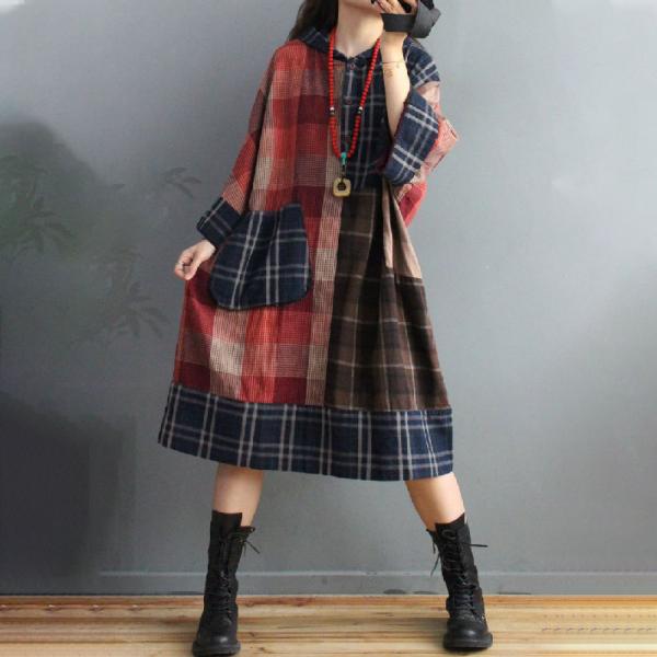 Big Pockets Plus Size Winter Hoodie  Dress Cotton Linen Midi Tartan Dress