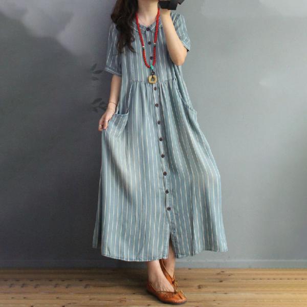 blue and white vertical striped dress