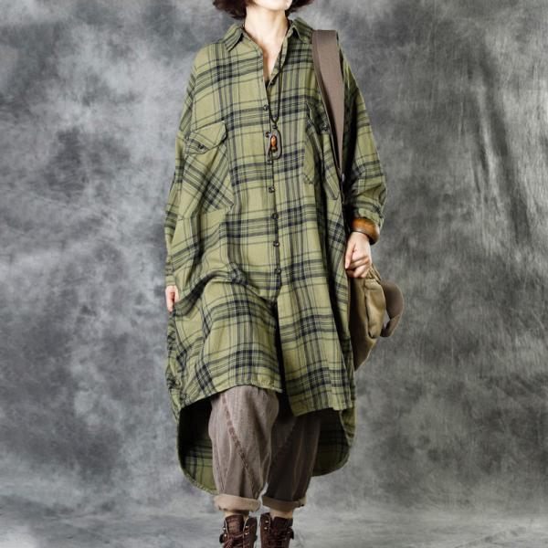 Casual Style Womens Tartan Shirt Linen Long Sleeves Shirt