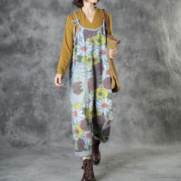 Tropical Flowers Slip Overalls Baggy Jeans Dungarees Womens