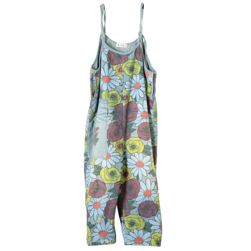 Tropical Flowers Slip Overalls Baggy Jeans Dungarees Womens in Yellow ...