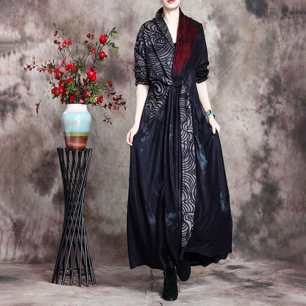 Long Sleeves Black Tie Front Dress Japanese Kimono Maxi Dress