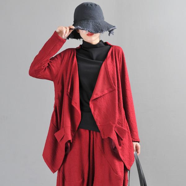 90s Fashion Red Short Jacket Jacquard Linen Duster Cardigan