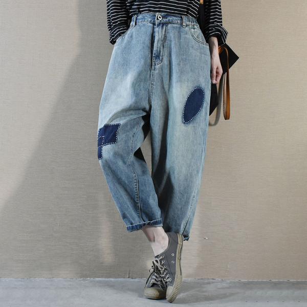 Blue Patchwork Korean Cuffed Jeans Baggy Mom Jeans 90s