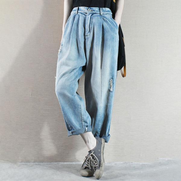 Baggy-Fit Embroidered Mom Jeans Straight-Legs Distressed Denim