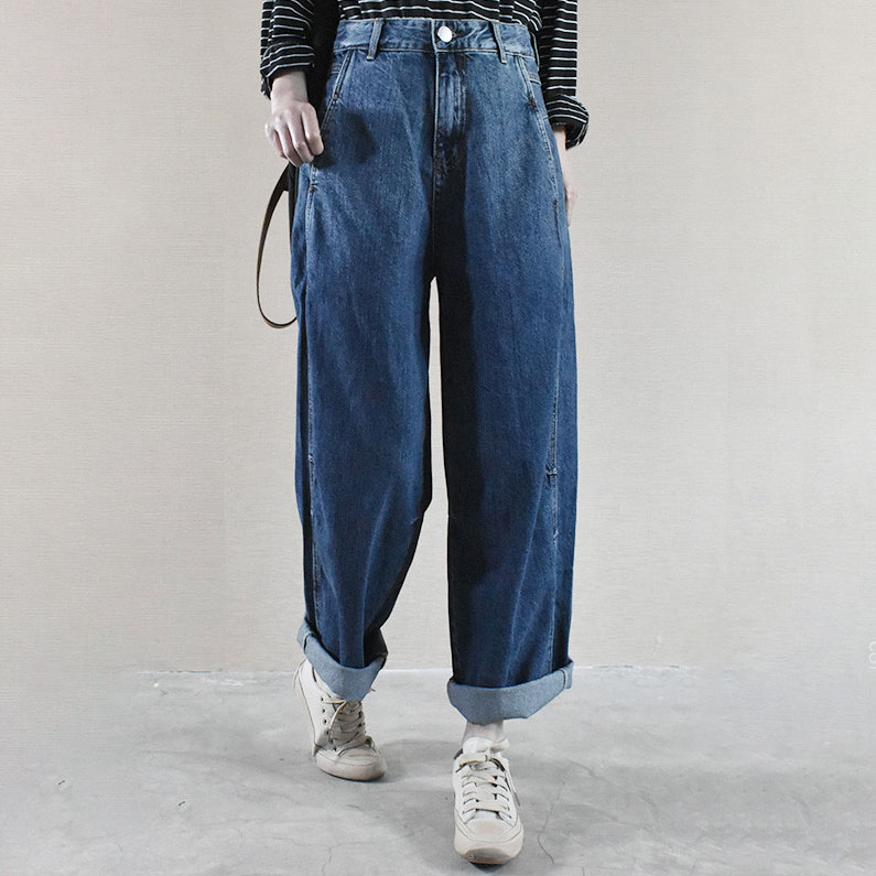 Dark Blue High Rise Straight Jeans Korean Baggy Cuffed Mom Pants in ...
