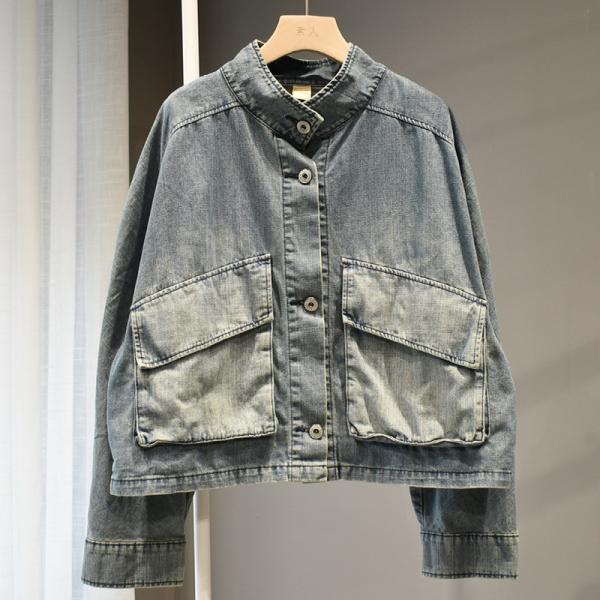 Big Flap Pockets Denim Jacket Long Sleeves Korean Short Outerwear