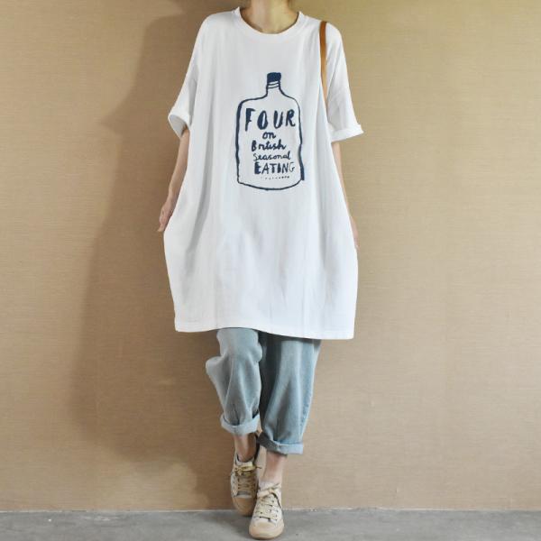 Casual Style Cotton Long T-shirt Letter Printed Casual Tee