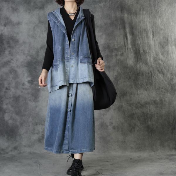 Blue Fading Denim Hooded Vest with Button Down Jean Maxi Skirt