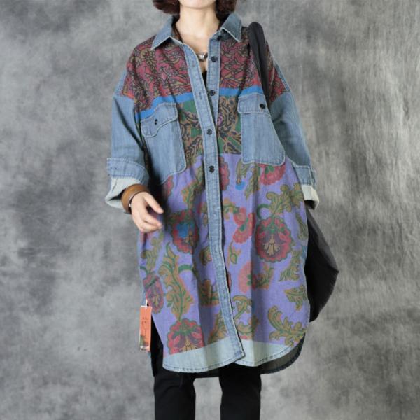 Ethnic Patterns Oversized Denim Shirt Flap Pocket Long Shirt