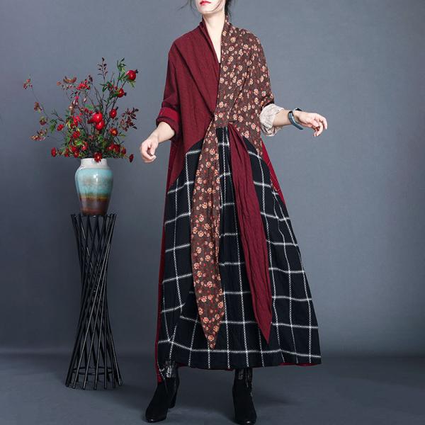 Checker and Floral Maxi Kimono Dress Cotton Linen Burgundy Tied Front Dress