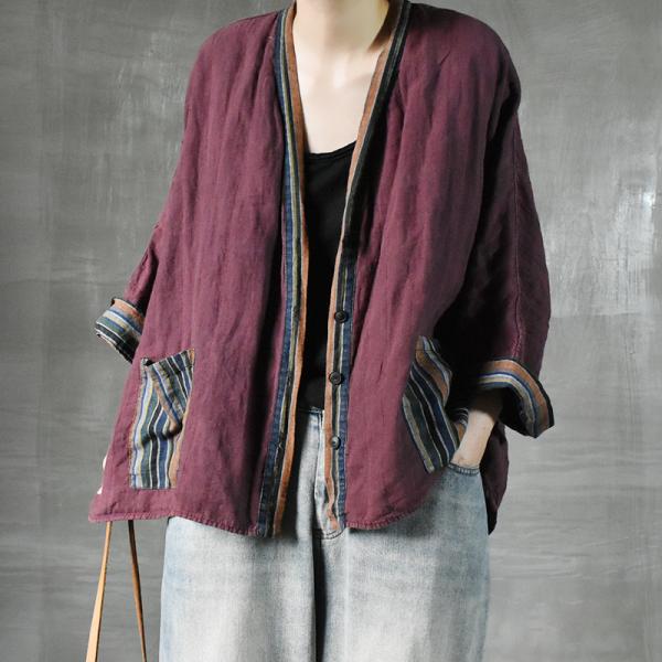 Colorful Striped Pocket Ethnic Outfits Plus Size Cotton Linen Chinese Cardigan