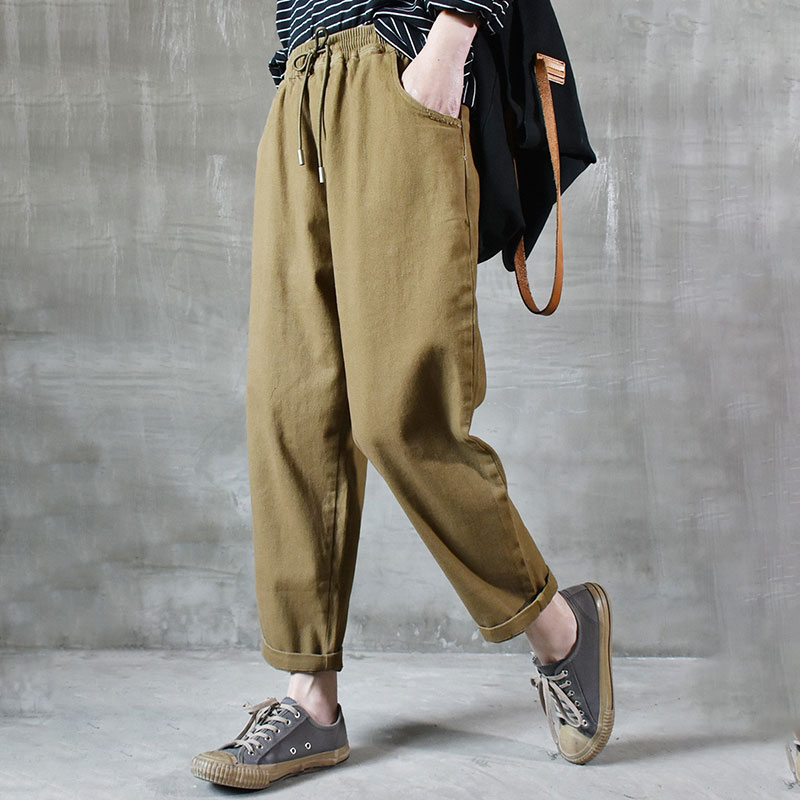 Relax-Fit Cotton Cargo Pants Korean Drawstring Tapered Pants in Coffee ...