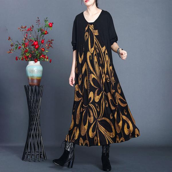 Over50 Style Abstract Prints Wool Dress Long Sleeve Winter Shift Dress