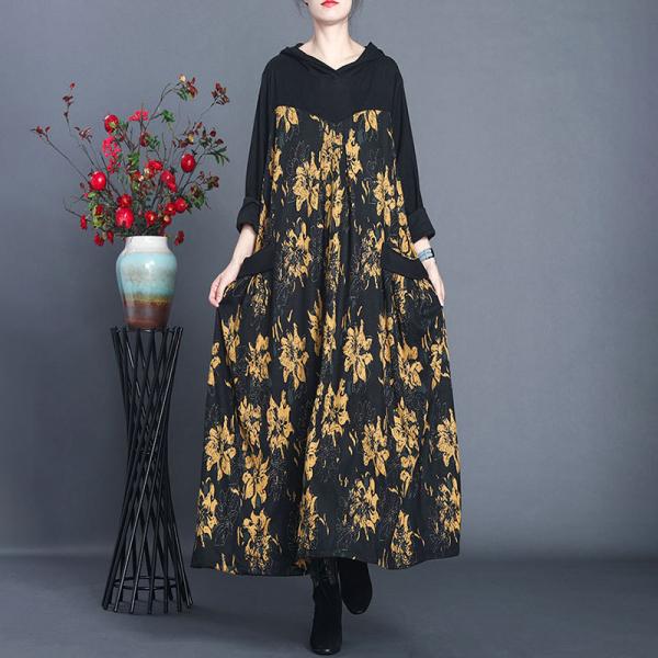 Dense Flowers Woolen Hooded Dress Large Vintage Sweater Dress