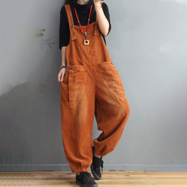 Big Straight Pockets Corduroy Overalls Solid Colors Baggy Dungarees