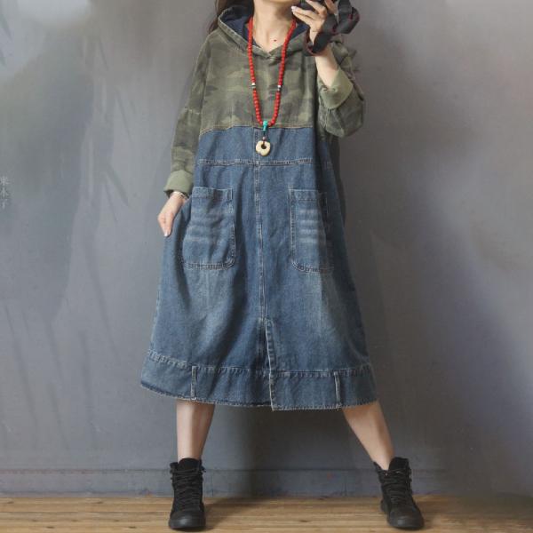 Pockets Decoration Denim Hooded Dress Midi Camo Dress