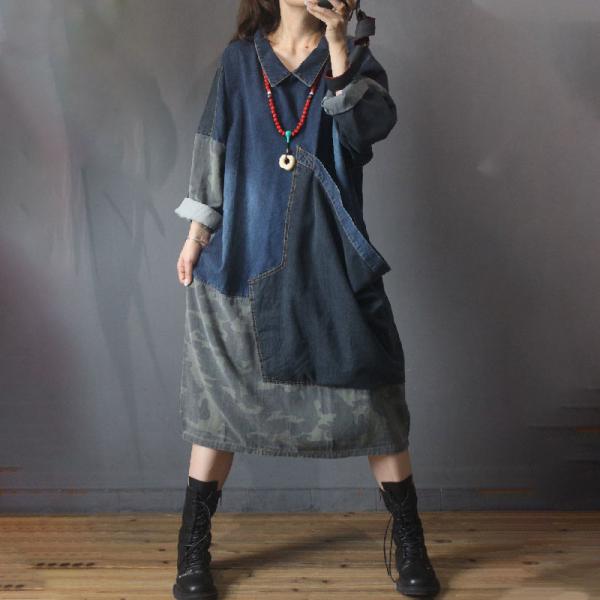 Original Design Oversized Jean Shirt Dress Big Pocket Camo Midi Dress