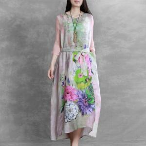 Colorful Flowers Ramie Tie Up Dress Silk Sleeves Loose Elegant Dress