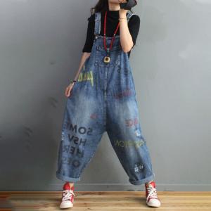 Letter Pattern Jean Overalls Casual Baggy Dungarees for Women