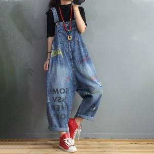 Letter Pattern Jean Overalls Casual Baggy Dungarees for Women