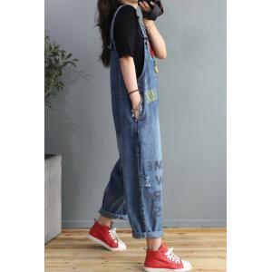 Letter Pattern Jean Overalls Casual Baggy Dungarees for Women