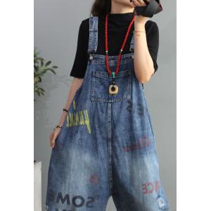 Letter Pattern Jean Overalls Casual Baggy Dungarees for Women