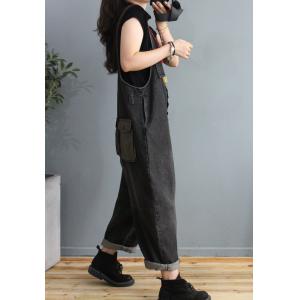 Gingham Patchwork Denim Bib Overalls Womens Blackless Cuffed Dungarees