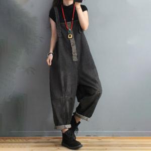 Gingham Patchwork Denim Bib Overalls Womens Blackless Cuffed Dungarees