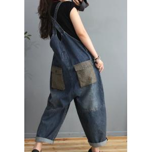 Gingham Patchwork Denim Bib Overalls Womens Blackless Cuffed Dungarees