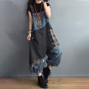 Checkered Patchwork Fluffy Dungarees Large Korean Overalls