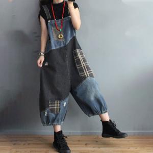 Checkered Patchwork Fluffy Dungarees Large Korean Overalls