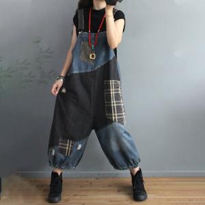 Checkered Patchwork Fluffy Dungarees Large Korean Overalls