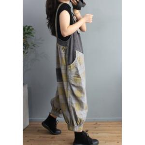 Fall Style Backless Tartan Overalls Relax-Fit Denim Bib Overalls