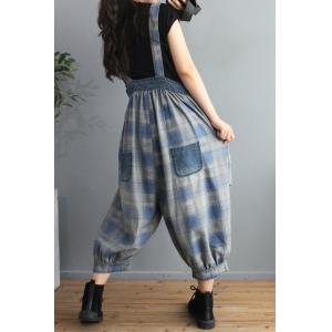 Fall Style Backless Tartan Overalls Relax-Fit Denim Bib Overalls