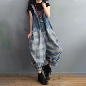 Fall Style Backless Tartan Overalls Relax-Fit Denim Bib Overalls